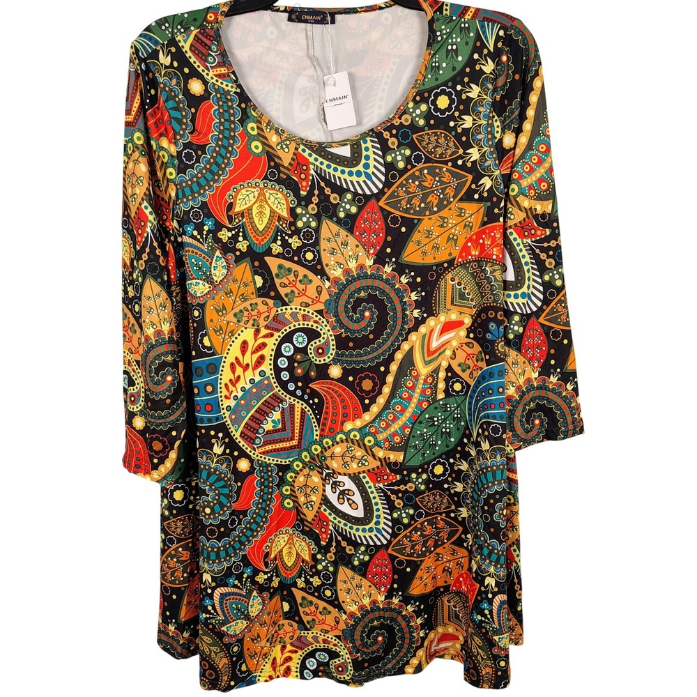 NWT Womens 2XL Enmain Paisley Tunic Multicolor Polyester Boho Psychedelic Top